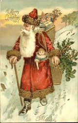 Santa with Cane Baskets of Toys Santa Claus Postcard Postcard