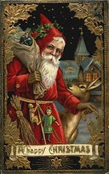 Santa with Cane, Deer Santa Claus Postcard Postcard