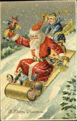 German Santa on Toboggan Santa Claus Postcard Postcard