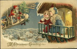 Santa in Zeppelin Children on Balcony Postcard