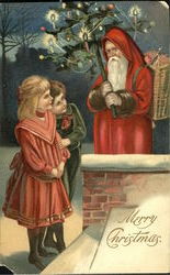 Santa on Rooftop with Children Postcard