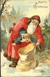 Santa Stuffing a boy into his Bag Santa Claus Postcard Postcard