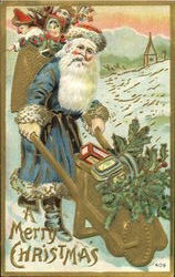 Blue Robe Santa with Wheelbarrow Santa Claus Postcard Postcard