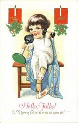 Little Girl on Phone Bunny Slippers Children Postcard Postcard