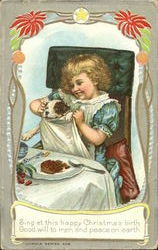 Girl and Dog Christmas Dinner Postcard