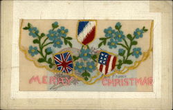 French, British, US Flags Merry Christmas Embroidered Silk Postcard Postcard