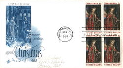 Season's Greetings, Christmas 1968 Block of Stamps First Day Cover