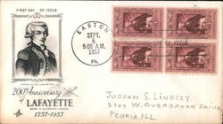 200th Anniversary Lafayette, born in Auvergne, France 1757-1957 Block of Stamps First Day Cover