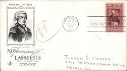 200th Anniversary Lafayette, born in Auvergne, France 1757-1957 First Day Cover