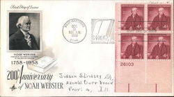 200th Anniversary of Noah Webster 1758-1958 Plate Block of Stamps First Day Covers First Day Cover First Day Cover First Day Cover