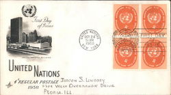 United Nations, 4¢ Regular Postage 1958 Block of Stamps First Day Covers First Day Cover First Day Cover First Day Cover