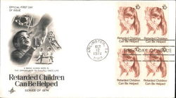 Retarded Children Can Be Helped Series of 1974 Block of Stamps First Day Cover