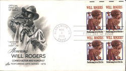 Honoring Will Rogers - Cowboy Actor and Humorist - Performing Arts Series 1979 Block of Stamps First Day Covers First Day Cover  First Day Cover