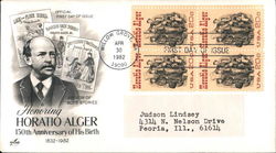 Honoring Horatio Alger 150th Anniversary of His Birth 1832-1982 Block of Stamps First Day Cover