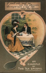 "An example of two tea spoons" -- man and woman seated at table Couples Postcard Postcard Postcard