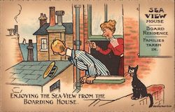 Enjoying the sea-view from the boarding house Comic, Funny Postcard Postcard Postcard