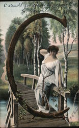 Woman on Bridge With Large Letter "C" Postcard