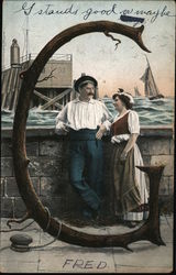 Couple on Waterfront with Large "G" Tree Alphabet Letters Postcard Postcard Postcard