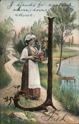 Woman Picking Flowers by Water with Large "J" Tree Postcard