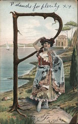 Girl On Waterfront with Large "P" Tree Alphabet Letters Postcard Postcard Postcard