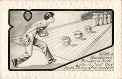 Man Bowling at Lane of Girls Postcard