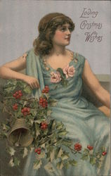 Young Woman With Holly and Bell Postcard