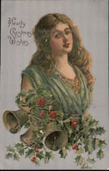 Hearty Christmas Wishes - Woman Hcolding Holly and Bells Postcard