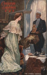 Christmas Greetings - A Woman Being Handed a Present Postcard