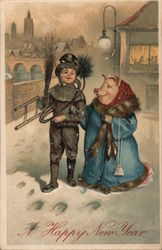 A Happy New Year - Chimney sweep and Pig Pigs Postcard Postcard Postcard