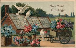 New Year Greetings - Birds with Flowers New Year's Postcard Postcard Postcard