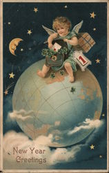 New Year Greetings - Cherub on Top of the World Bringing In New Year Angels & Cherubs Postcard Postcard Postcard