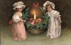 Two Girls With Christmas Basket Children Postcard Postcard Postcard