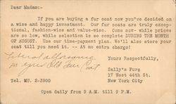 Correspondence Card for Sally's Furs, New York City Postcard