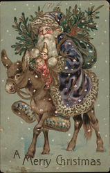 A Merry Christmas - Santa dressed in purple riding a donkey Santa Claus Postcard Postcard Postcard