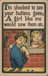 I'm shocked to see your buttons gone; a girl like me would sew them on. Children Postcard Postcard Postcard