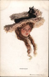 Sweetheart - Long Brown Hair, Big Hat With Black Ribbon Harrison Fisher Postcard Postcard Postcard