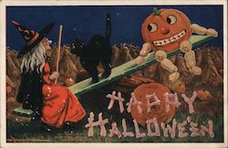 Jack O'Lantern and Witch on See Saw Postcard