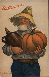 Man in a straw hat holding a pumpkin and a jug for Halloween Postcard Postcard Postcard