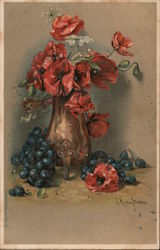 A Vase of Flowers on a Table with Bluberries Postcard Postcard Postcard