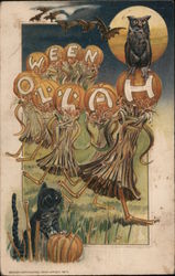 Dancing Hay Stacks, Pumpkins, Owls and Bats Halloween Postcard Postcard Postcard