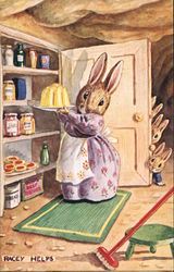 Mother Bunny Putting Up Dessert in Cupboard Dressed Animals Racey Helps Postcard Postcard Postcard