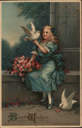 Best Wishes - Girl With Doves Girls Postcard Postcard Postcard