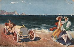 Fancy Women and Car on a Beach Postcard Postcard Postcard