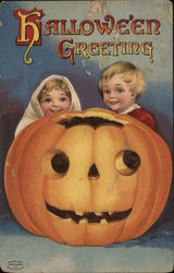 Two Children and Jack O'Lantern Halloween Postcard Postcard Postcard