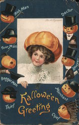 Woman with Pumpkin on Head, Pumpkins with Costumes on Ellen Clapsaddle Postcard Postcard Postcard