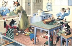 Cat food fight in the kitchen Dressed Animals Postcard Postcard Postcard