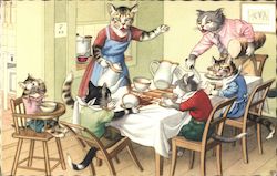 Dressed Cats at Dining Table Dressed Animals Postcard Postcard Postcard