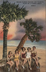 Smiling Florida Peaches and Palmetto Palms on a Florida Beach Swimsuits & Pinup Postcard Postcard Postcard