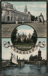 City Hall and Law Courts, Cardiff Castle from N.W, Entrance to Bute Docks Postcard