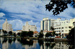 view across India Creek, modernistic hotels of Miami Beach Florida Postcard Postcard